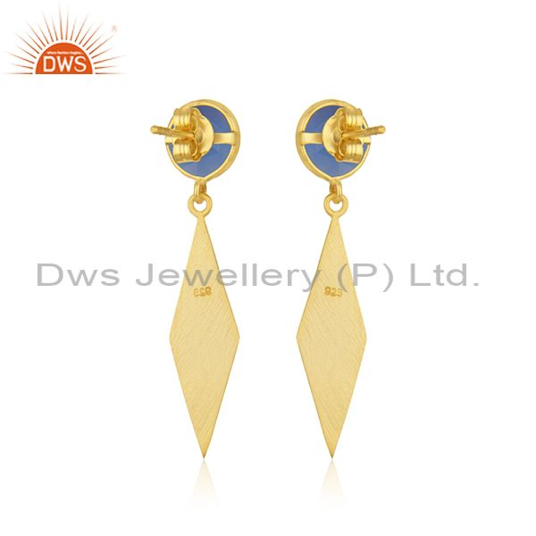 Suppliers Blue Chalcedony Gemstone 925 Sterling Silver Gold Plated Earrings Manufacturer