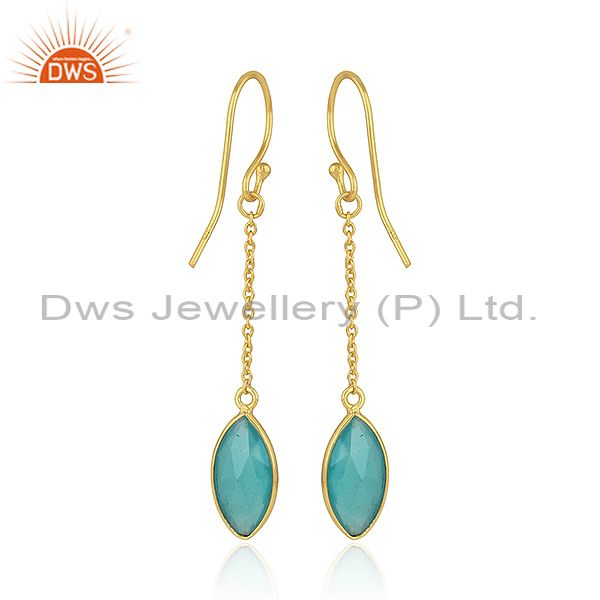 Suppliers Aqua Chalcedony Gemstone 925 Silver Gold Plated Silver Chain Earrings