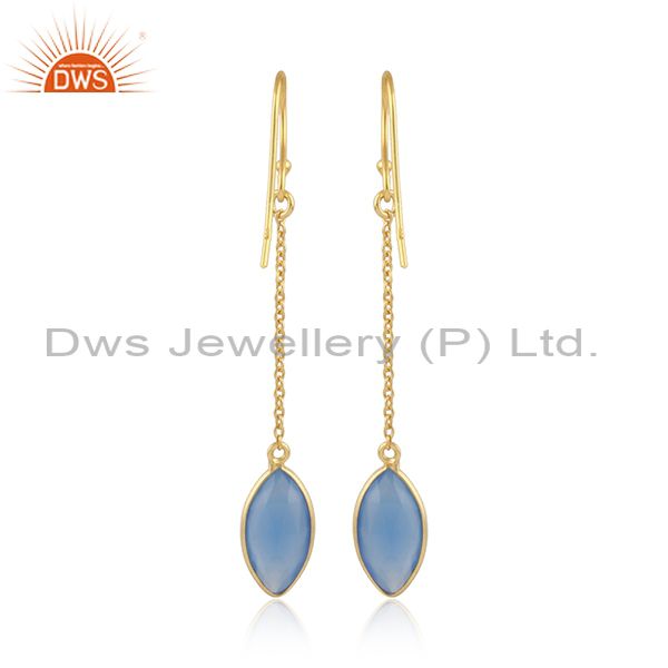 Designer of Gold plated 925 silver blue chalcedony gemstone chain earrings