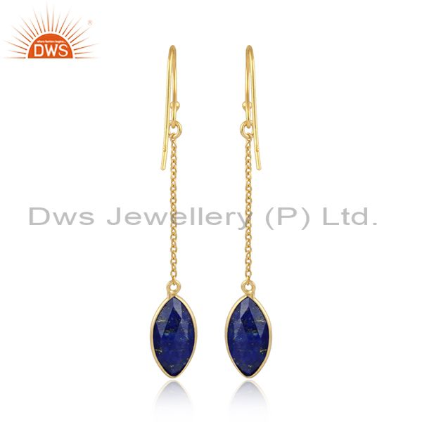 Designer of Lapis lazuli gemstone designer silver gold plated chain earrings