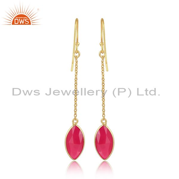 Designer of Designer gold plated 925 silver pink chalcedony chain earrings