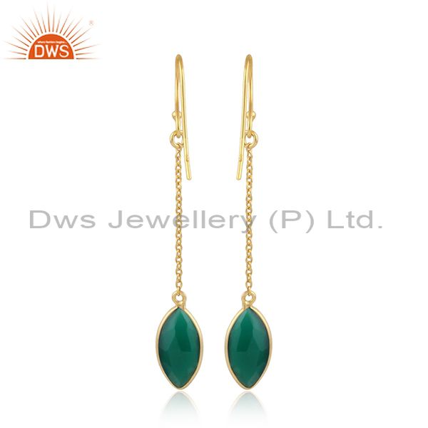Designer of Green onyx gemstone yellow gold plated 925 silver chain earrings