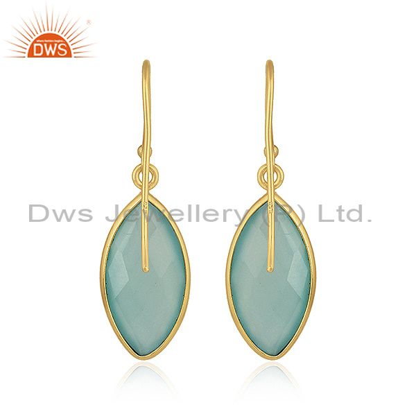 Suppliers Marquise Aqua Chalcedony Gemstone Gold Plated Silver Hook Earrings