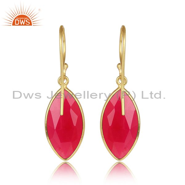 Designer of Pink chalcedony gemstone handmade gold plated silver earrings