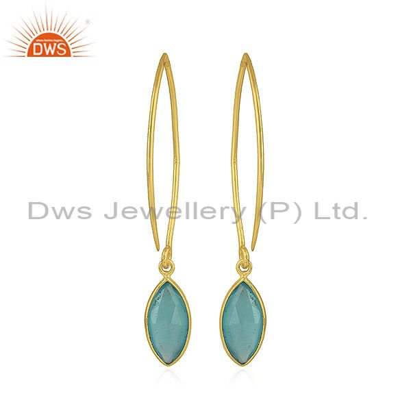 Suppliers Glossy Candy Gold Plated Silver Aqua Chalcedony Gemstone Earrings