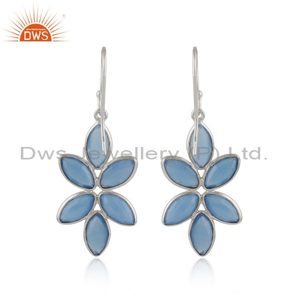 Blue chalcedony gemstone floral design fine silver earrings