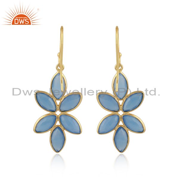 Designer of Foral designer gold plated 925 silver blue chalcedony earrings
