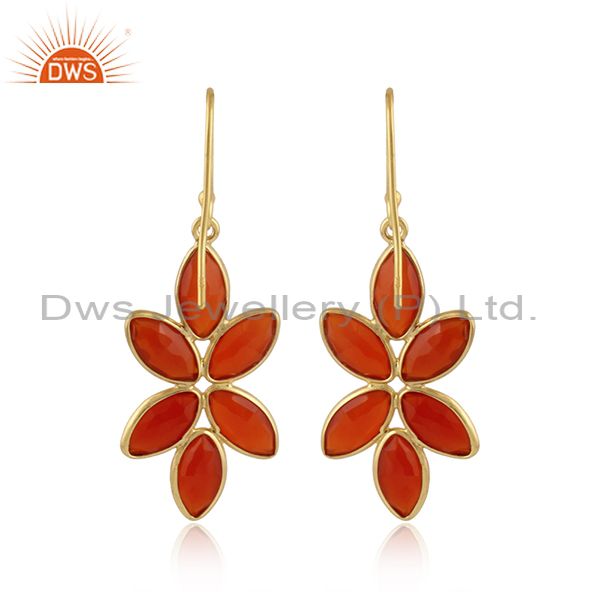 Designer of Red onyx gemstone floral design 18k gold plated silver earrings