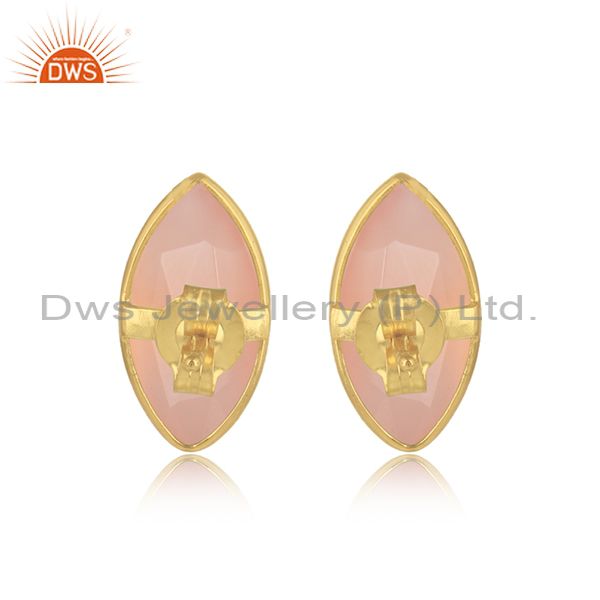 Designer of Rose chalcedony gemstone 18k gold plated silver stud earrings