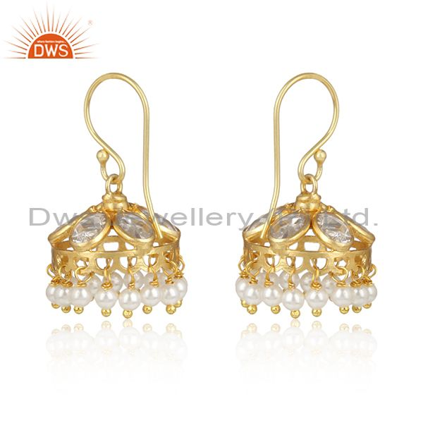Designer traditional jhumka in yellow gold on silver with pearls