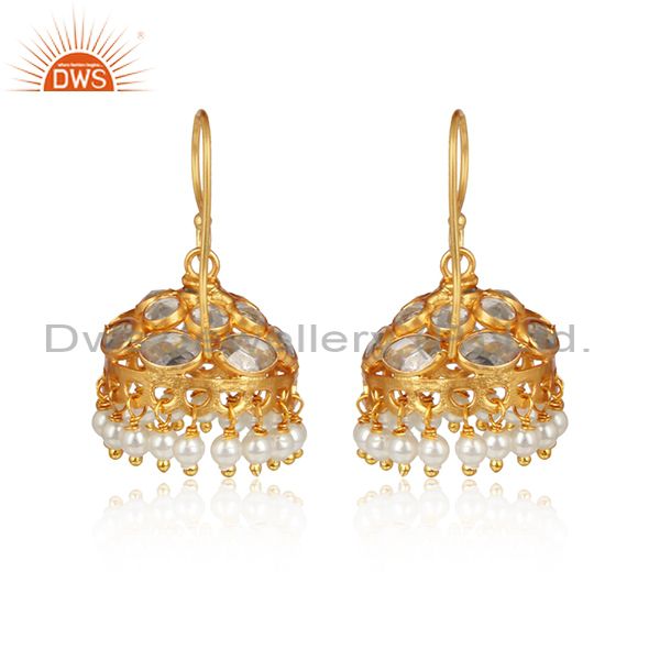 Traditional design handmade gold on silver jhumka with pearls