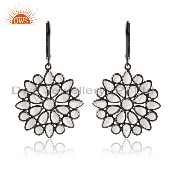 Designer of Cz cluster earring in black rhodium on silver lever back closure