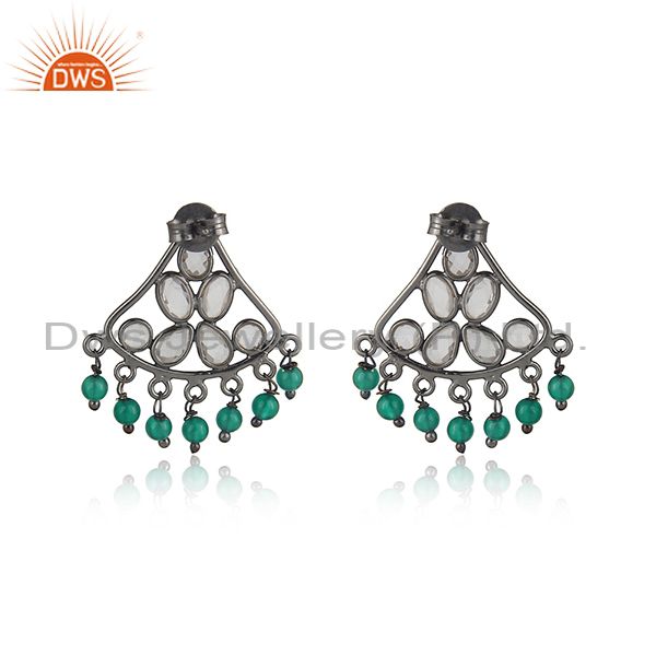 Designer of Traditional design green onyx, cz silver earring in black rhodium