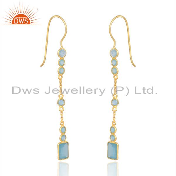 18K Gold Brass Beguette And Round Aqua Chalcedony Earrings