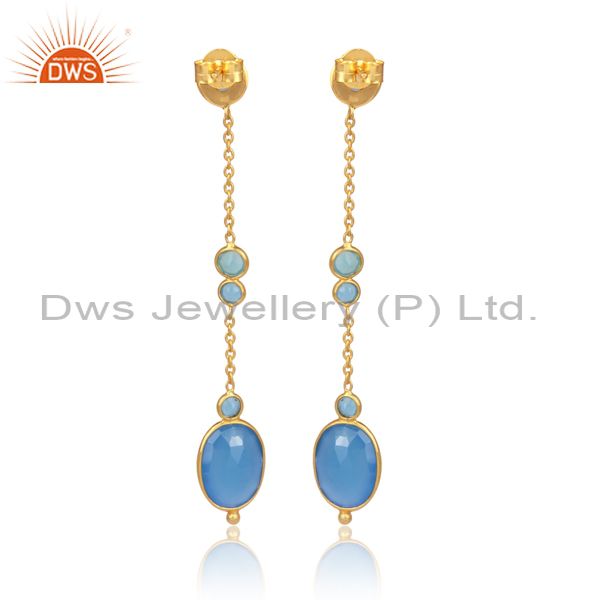 Blue Chalcedony Set Gold On 925 Silver Thread Wire Earrings