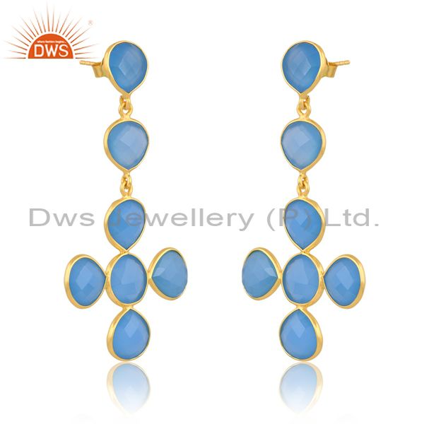 Sterling Silver Drop Earring In Gold With Blue Chalcedony