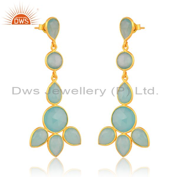 18K Gold Sterling Silver Earring With Aqua Chalcedony Stone