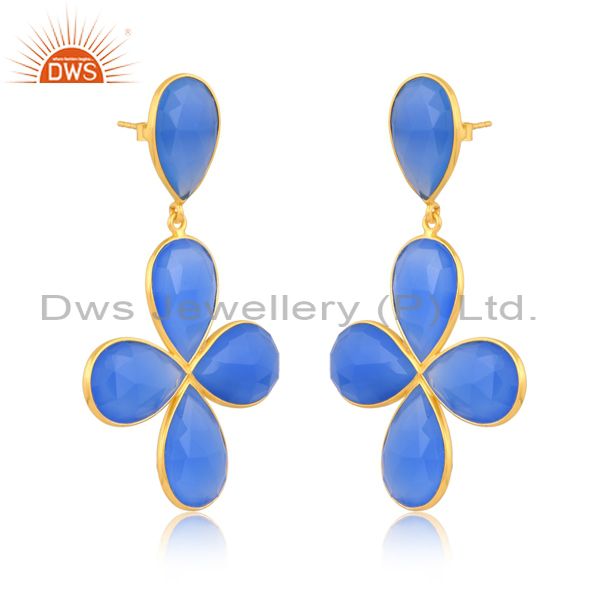 Silver 18K Gold Plated Earring With Pear Cut Blue Chalcedony