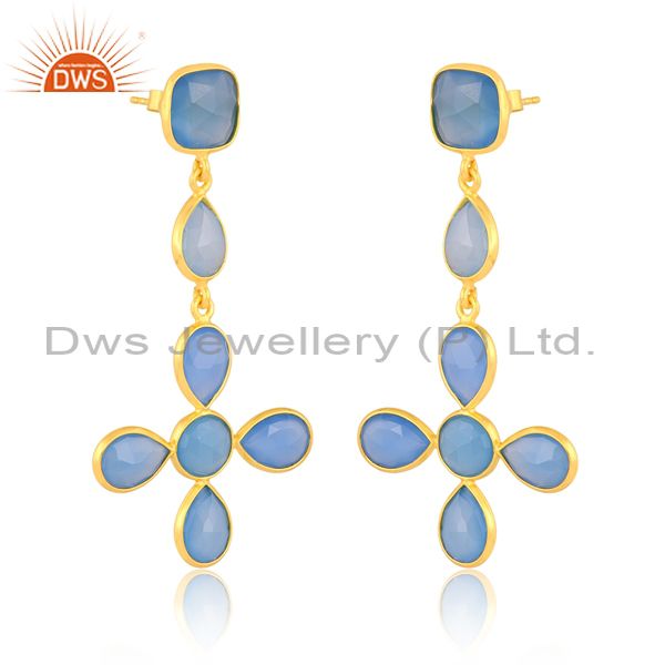 Silver Drops With Blue Chalcedony Pear Round Cabushion Cut
