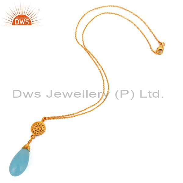 Suppliers 18K Gold Plated Silver Aqua Blue Chalcedony Briolette Drop Pendant With Chain