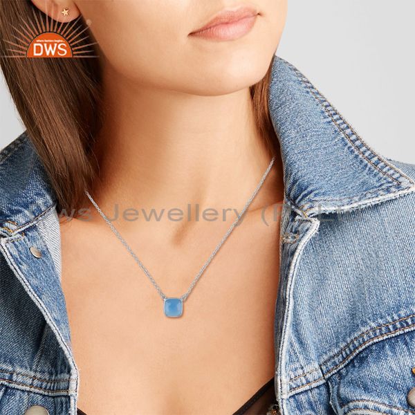 Handmade dainty necklace in silver 925 adorn with blue chalcedony