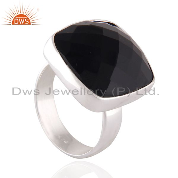 Designers Natural Checkerboard Gemstone Black Onyx 925 Sterling Silver High Polished Ring