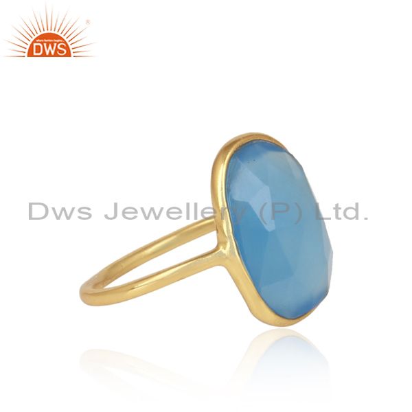 Blue Chalcedony Set Gold On 925 Silver Casual Statement Ring