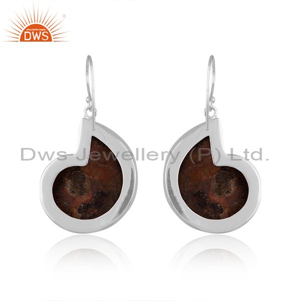Exporter Handmade Solid Sterling Silver Ammonite Gemstone Bezel Set Drop Earrings