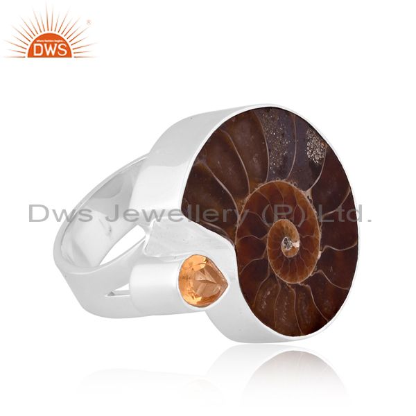 Exporter Handmade Natural Ammonite & Pear Cut Citrine 925 Sterling Silver Statement Ring