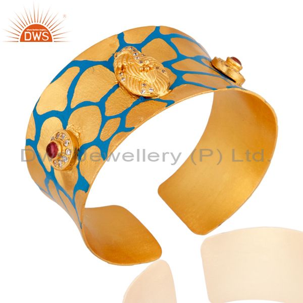 Wholesalers 24-karat Yellow Gold Plated CZ Hand-Painted Enamel Womens Cuff Bracelets Bangle