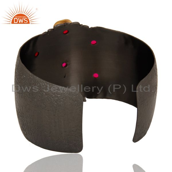 Wholesalers Pink Chalcedony Black Oxidized Handmade Cuff Fashion Jewelry Textured Bangle