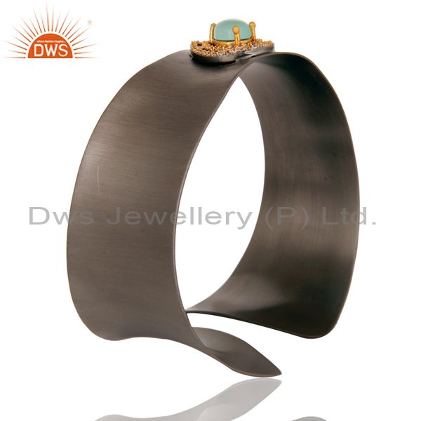 Wholesalers Black Oxidized Comfort Fit Wide Cuff Made With Aqua Chalcedony and Zircon