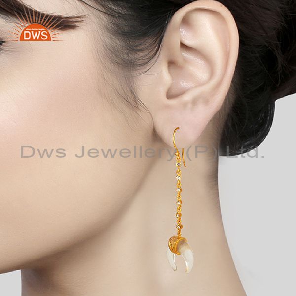 Wholesalers Crystal Quartz Crescent Moon 925 Sterling Silver 18k Gold Plated Dangle Earring