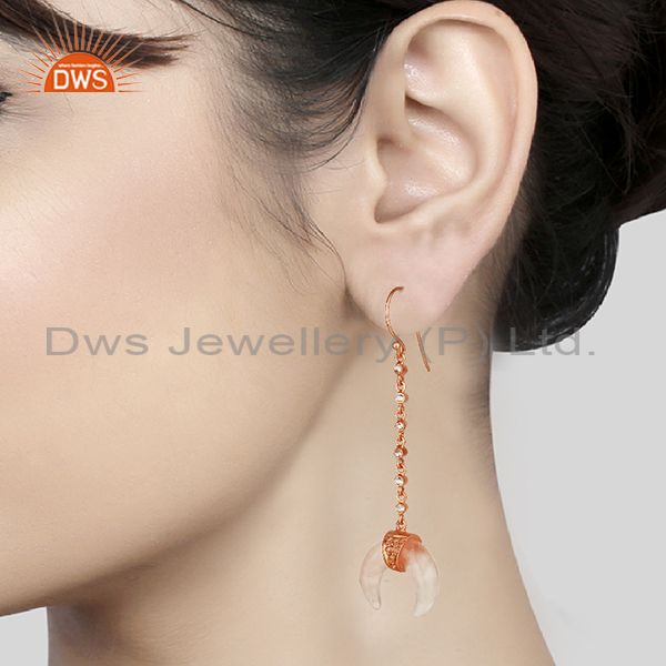 Wholesalers Rose Quartz Crescent Moon 925 Sterling Silver Rose Gold Plated Dangle Earring
