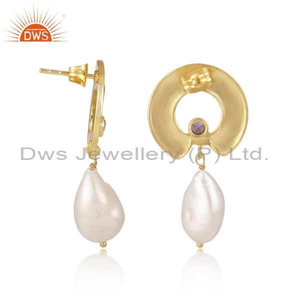 Fresh Water Pearl And Zircon Amethyst Brass Gold Earrings