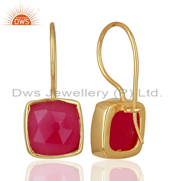 Wholesalers Pink Chalcedony Gemstone Girls Gold Plated Silver Earrings Supplier