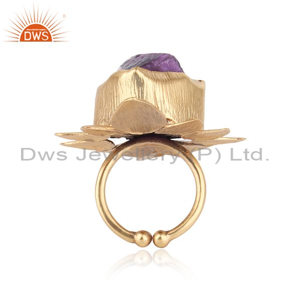 Handmade floral design gold on fashion ring with rough amethyst