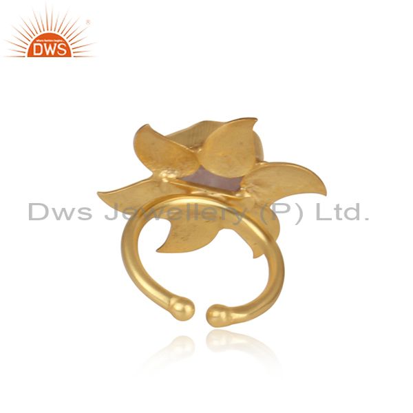Handmade Floral Design Gold On Fashion Ring With Rose Quartz