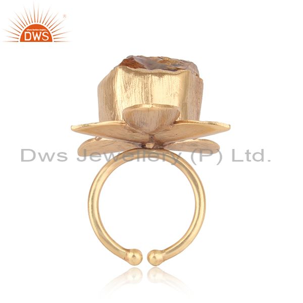 Textured Leaf Design Gold On Fashion Ring With Rough Citrine