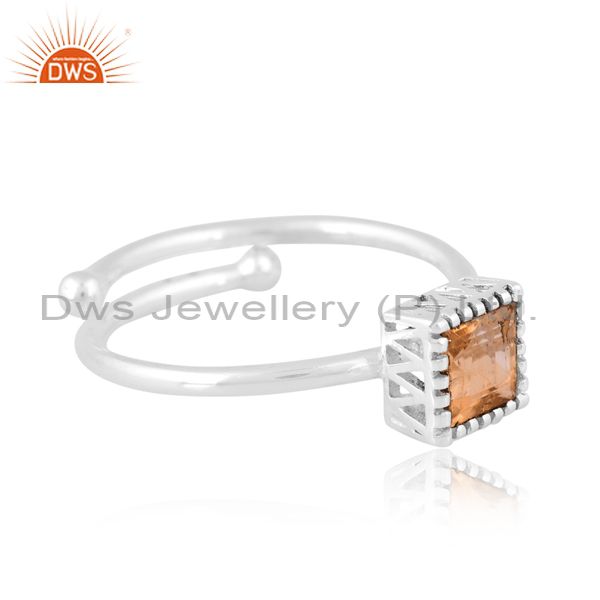 Citrine Acquire Cut Gem On White Sterling Silver Ring
