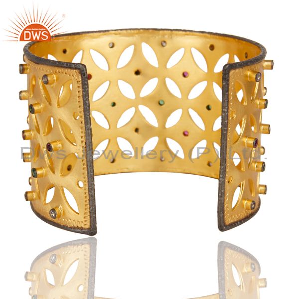 Wholesalers 24K Yellow Gold Plated Multi Cubic Zirconia Fashion Wide Cuff Bracelet Bangle