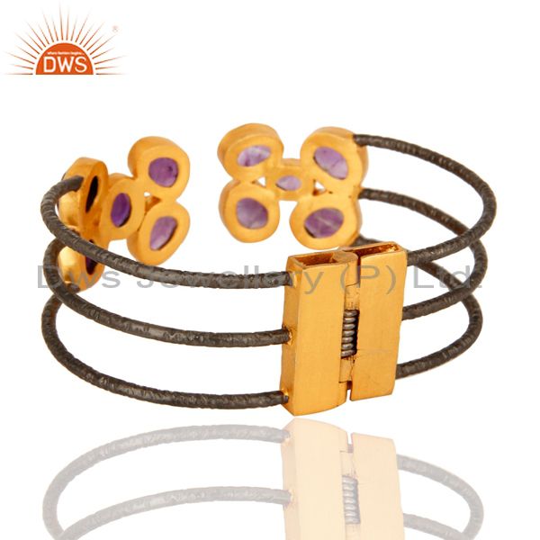 Natural amethyst gemstone designer cuff bracelet made in rhodium plated brass