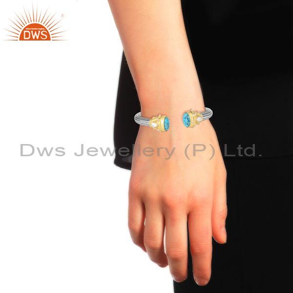 Textured bold cuff in gold oxi on silver with turquoise and pearl