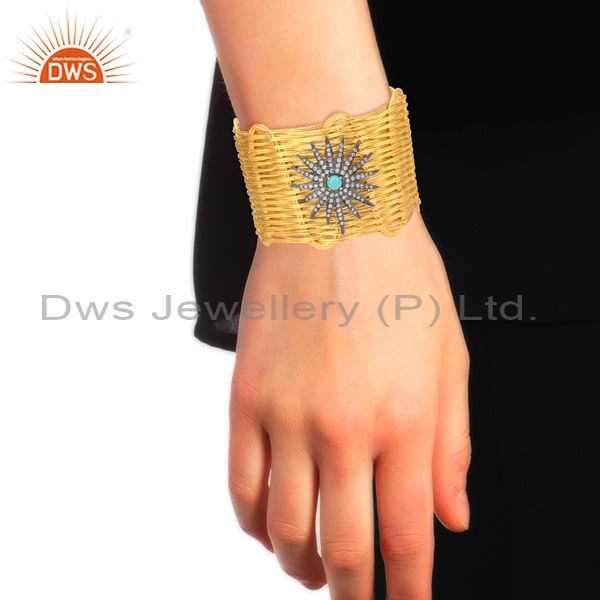 Cz And Turquoise Set Gold On Silver Rope Wired Cuff Bangle