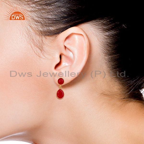 Wholesalers Red Gemstone Gold Plated 925 Silver Drop Earrings Manufacturers