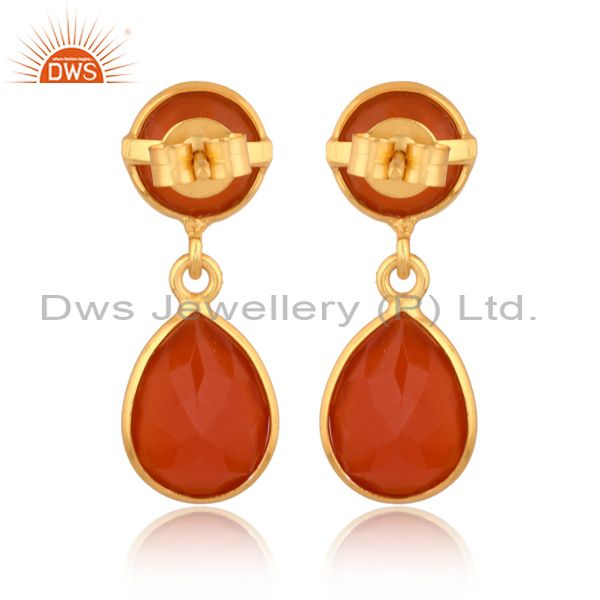 14K Yellow Gold Plated Sterling Silver Red Onyx Bezel Set Gemstone Drop Earrings
