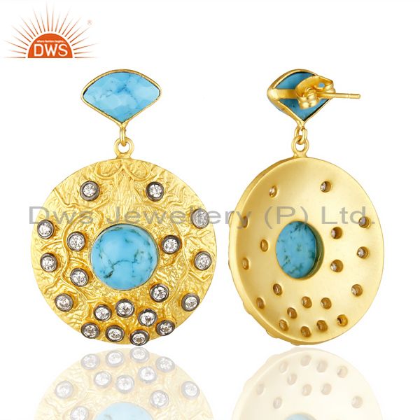 Wholesalers 18K Yellow Gold Plated Brass Turquoise & Cubic Zirconia Disc Fashion Earrings
