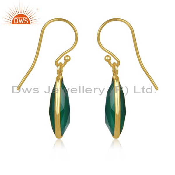 Exporter 24K Gold-Plated 925 Sterling Silver Gemstone Green Onyx Drop Dangle Earrings