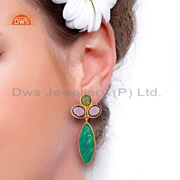 Wholesalers Amazonite Gemstone Handmade Gold Plated Fsahion Earrings Jewelry