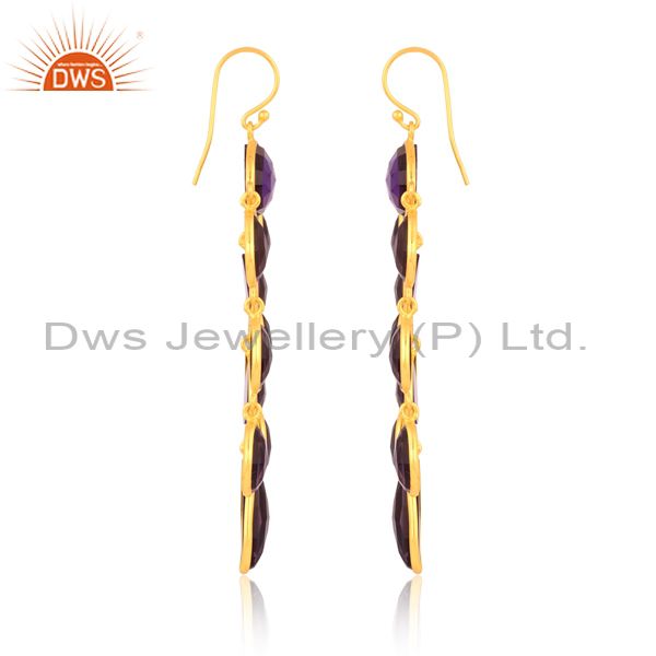 Glass Amethyst Set 18k Gold On 925 Silver Long Drop Earrings